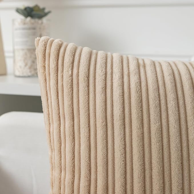 Kevin Textile Striped Corduroy 24”x24” Pillow Covers 2 Pack, Beige
