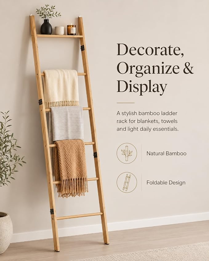 6 Tier Blanket Ladder with Shelf, Wooden Blanket Rack for Living Room, Leaning Towel Ladder Rack for Bedroom, Bathroom, Quilts, Throws, Towels and Farmhouse Décor