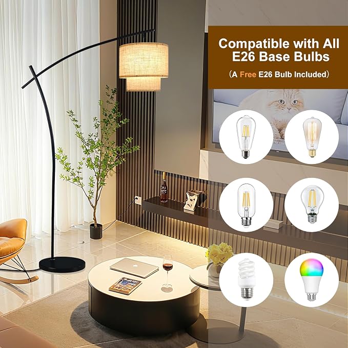 Lightdot Arc Floor Lamp for Living Room, Modern Standing Tall Lamps with Double Linen Shade, Tall Hanging Pole Lamp with Stable Base & Bulb Included for Bedroom/Sofa Beside/Corner Decor-Black
