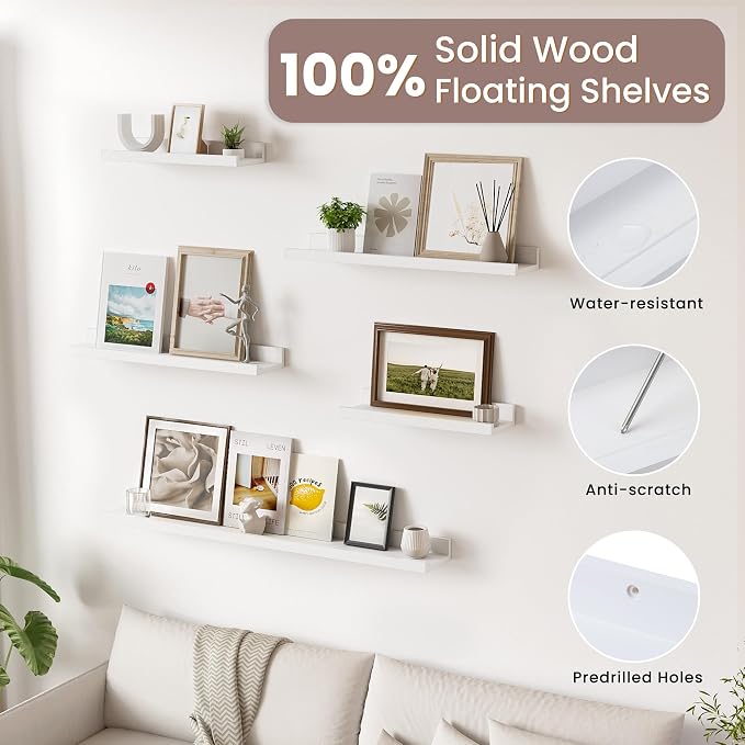 Acovy Floating Shelves for Wall, 24 inch Solid Wood Picture Ledge Shelf, Picture Shelf for Wall with Ledge, Floating Book Shelves for Living Room Bedroom Kitchen Nursery Decor, White, Set of 2