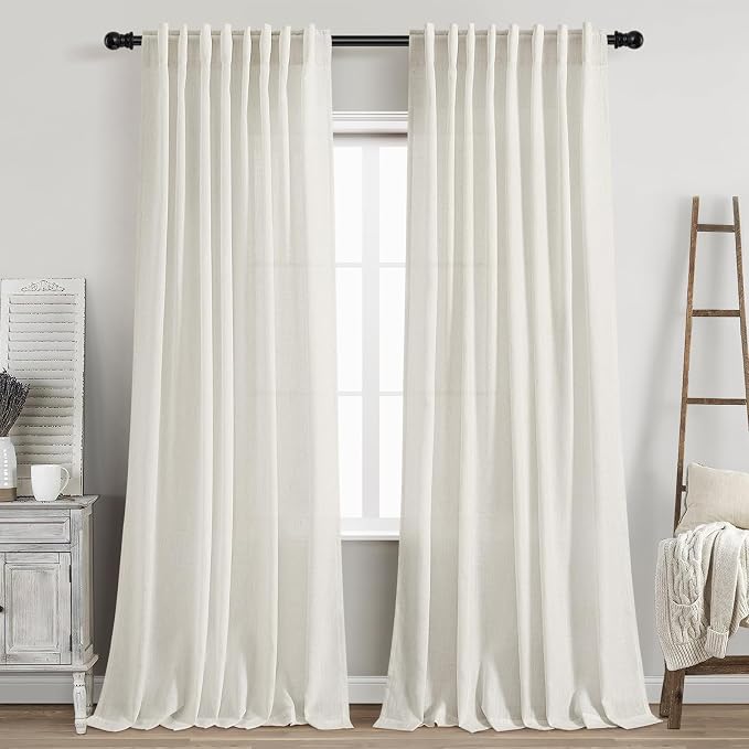 Cream Linen Curtains 84 Inch Length 2 Panels Set for Living Room Back Tab Light Filtering Semi Sheer Curtain for Bedroom Farmhouse Drapes, 60x84 Inch, 2 Panels