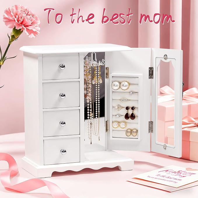 Kendal Wooden Jewelry Box for Women, Solid Jewelry Organizer, Jewelry Holder Organizer, Mothers Day Gifts, Wood Jewelry Case with Mirror for Necklaces, Earring, Rings (4 Drawer, White)