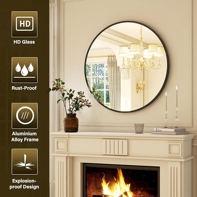 XRAMFY 24 Inch Round Mirror-Black Circle Mirrors for Bathroom, Entryway | Modern Hanging Vanity Mirror for Livingroom, Wall Decor, Bedroom, Matte Black Circle Decorative Wall Mirror