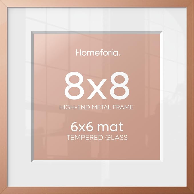 Homeforia 8x8 Rose Picture Frame, High-End Metal, 6x6 Mat, Glass