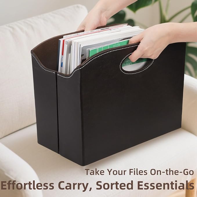 WRINGKIT Leather Magazine File Holder, Foldable Magazine Basket with Handle | Stable Brown Magazines Rack Floor, Document File Folder Organizer Box, Books Newspaper Storage Bin for Office Home School