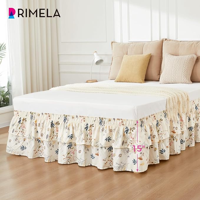 RIMELA Ruffle Bed Skirt Balloon Flower Floral Queen 15 Inch Drop, Elastic Wrap Around Bed Skirting Queen Size, Easy to Install Dust Ruffle, Machine Washable Soft Fabric, Multi Ruffle Bedskirt