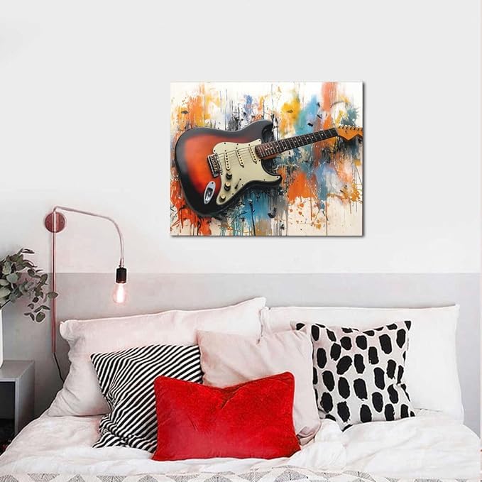 Guitar Wall Art Guitar Wall Decor Music Pictures Graffti Musical Instruments Canvas Prints Painting Artwork Splash Decoration for Music Room Bedroom Living Room Framed Gifts 16"x20"