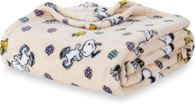 Berkshire Blanket Peanuts® VelvetLoft® Cute Character Snoopy Plush Blanket,Peanuts Woodstock Snoopy Spring Frolic Large Canvas,King 90 in x 108 in (Official Peanuts® Product)
