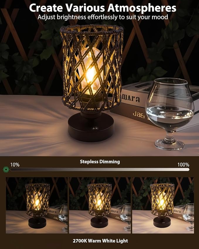 Cordless Outdoor Table Lamps, Small Rattan Boho, Rechargeable Battery Operated for Outdoor Patio, Home, Living Room, Bedroom, Bedside - Set of 2 (Black-A)