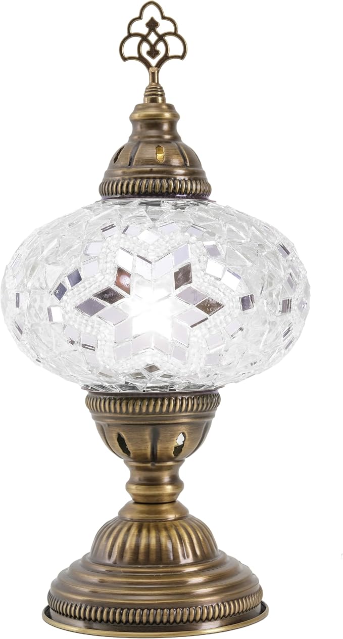 Turkish Lamp, Mosaic Table Lamp, Antique Moroccan Decorative Glass Bohemian Vintage Lamp Shade, Small Desk Tiffany Bedside Stained Glass Lamp with US Plug and E12 Socket