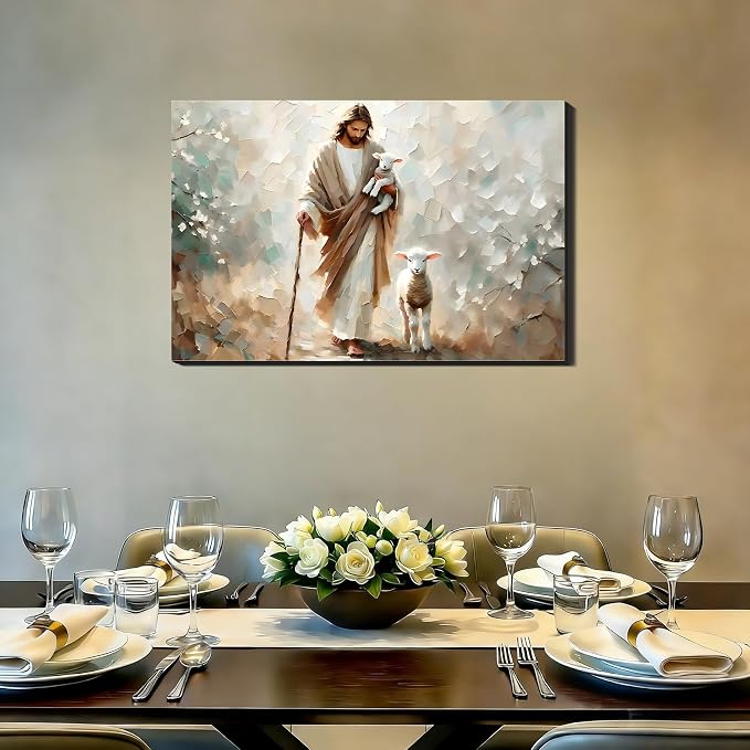 RIBNTAK Jesus and Sheep Christian Wall Art 16x24, Cozy Religion Canvas Prints Picture Posters for Bedroom Wall Decor Artwork Painting for Living Room,Bathroom, Office Classic Home Decor