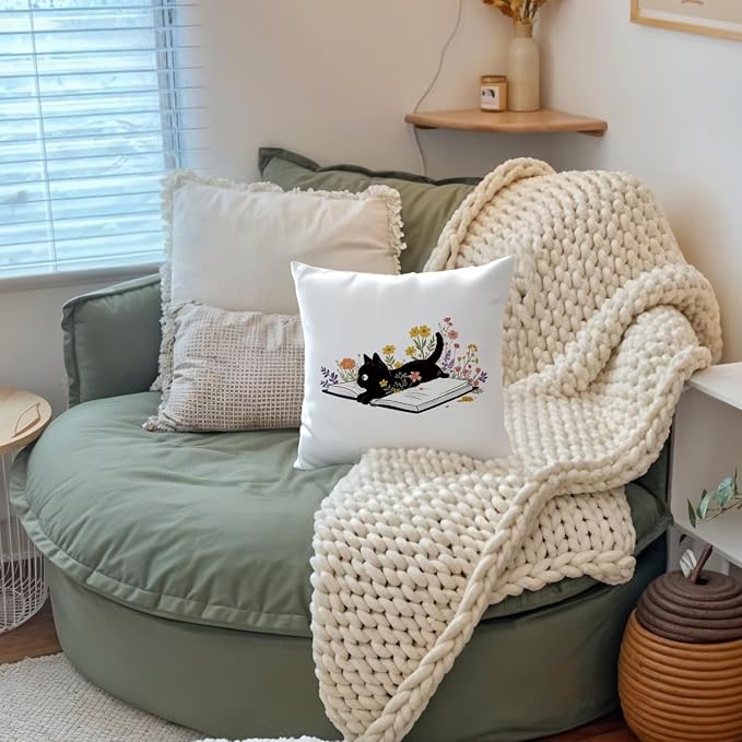 Vintage Black Cat Book Floral Pillow Covers 18x18, Black Cat Gift for Women, Book Lovers Reader Gifts Decorative Throw Pillow Covers Pillowcases for Library Reading Room Home Decor