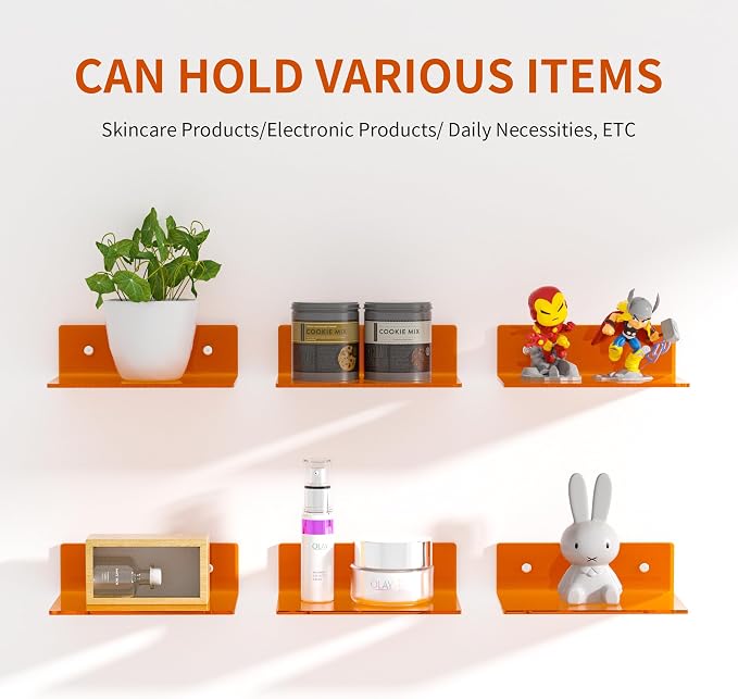 Sezanrpt 9 Inch Orange Wall Shelves, Acrylic Wall Mounting Ledges Display, Acrylic Display Wall Shelf for Funko Pop Figures, Collectibles, Plants, Décor, Toiletries, Spices, 2 Pack