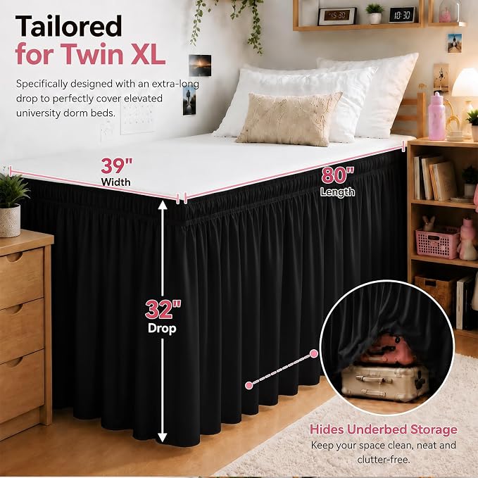 Black Twin XL College Dorm Bed Skirt 32" Drop, Elastic Wrap Dust Ruffle | Raised Bed Fit, Hides Underbed Storage, No Mattress Lifting, Soft Microfiber, Durable Fabric, Machine Washable, Clean Look