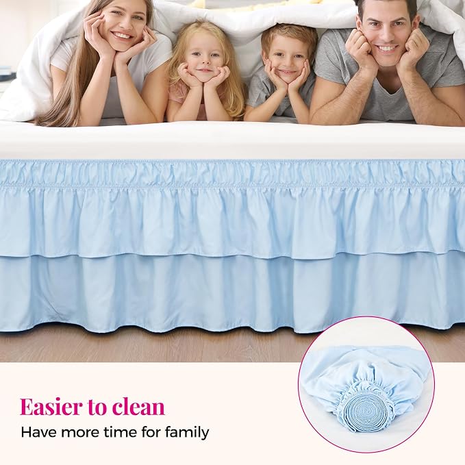 RIMELA Queen Size Ruffle Bed Skirt 15 Inch Drop - Light Blue Double Layered Wrap Around Dust Ruffle, Romantic Cute Design Bedskirt with High-Density Fabric, Soft Stretchy, Easy Install for Queen Bed