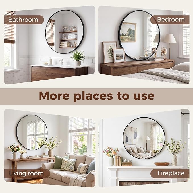 Sweetcrispy 24 Inch Round Wall Mirror, Bathroom Mirrors for Over Sink | Matte Metal Framed, Wall Decor for Bedroom, Entryway, Anti-Rust, Tempered Glass, Hanging or Leaning, Black
