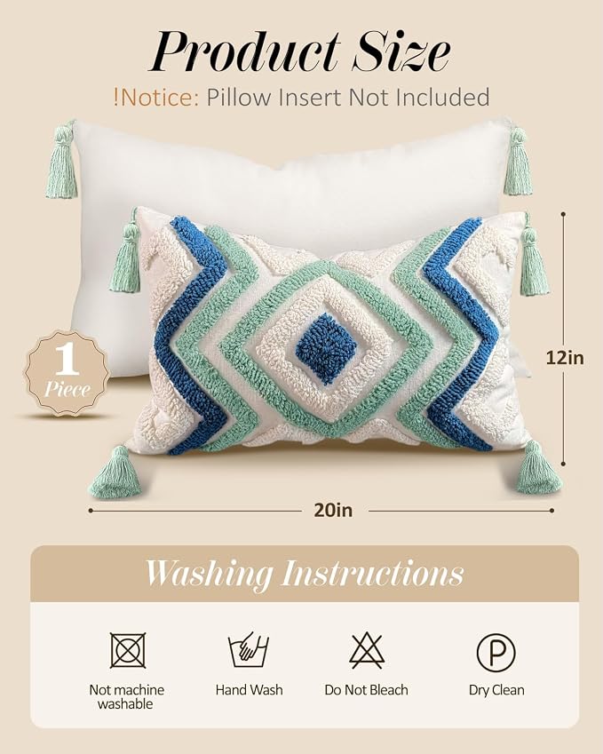 Lumbar Pillow Covers 12x20 - Tufted Decorative Throw Pillow Cover with Zipper for Couch Sofa Bed Living Room Aesthetic Tassels Textured Striped Farmhouse Oblong Pillowcases, Green Blue Rhomb