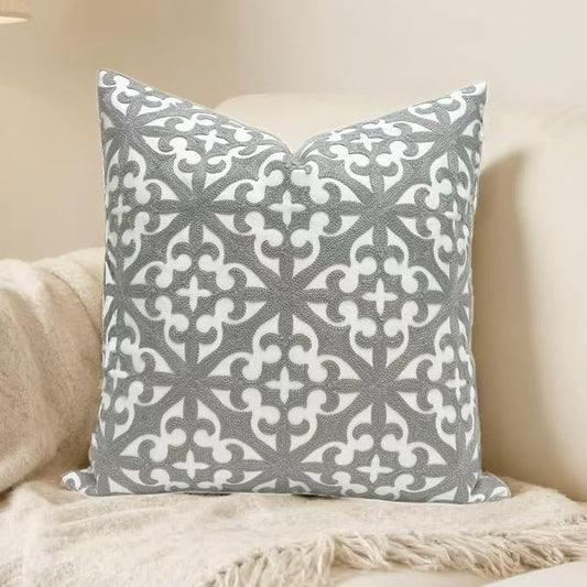 Slow Cow Embroidery Decorative Throw Pillow Cover Grey Kaleidoscope Design Pattern Cushion Cover 18 x 18 Inches