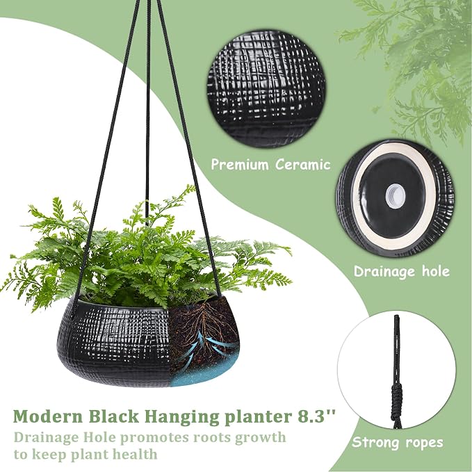 8 Inch Hanging Planter for Indoor Plant, Ceramic Black Flower Pot