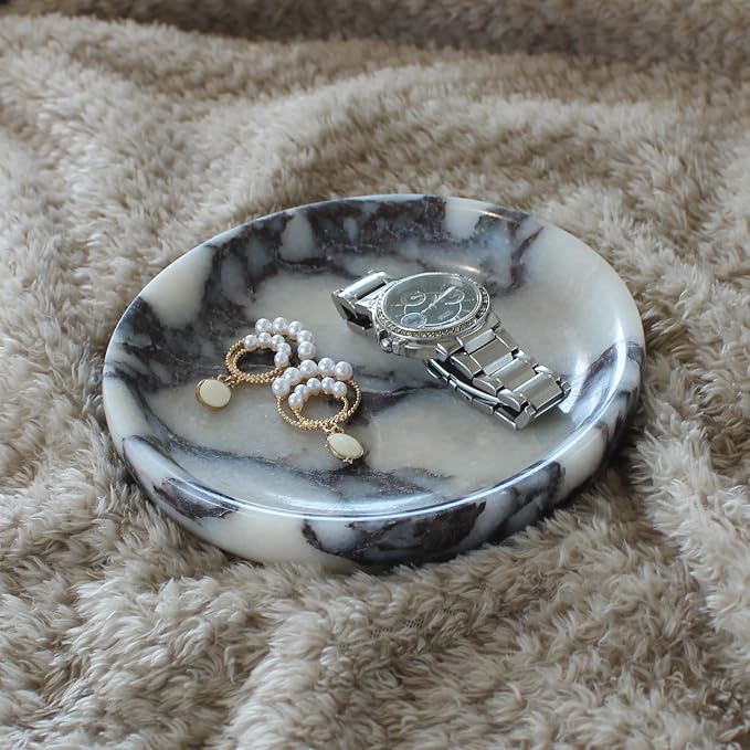 Nawgnail Natural Travertine Marble Jewelry Dish 5.5", Trinket Dish for Ring Earring, Gift for Woman Daugther(Calacatta Viola)
