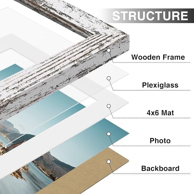 Vittanly 5x7 Picture Frames Set of 9, Wall & Tabletop, Distressed White | Display Pictures 4x6 with Mat or 5x7 without Mat, Small Photo Frames, Engineered Wood with Shatter Resistant Plexiglass