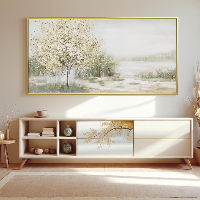 Canvas Wall Art Decor Large Green Wall Art for Living Room Natural Landscape Wall Art Decor Canvas Art Wall Decor Gold Framed Wall Art Prints for Room Bedroom Office Decor 29"X58"