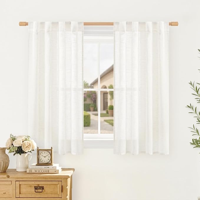 Natural Linen Window Curtains 54 Inch Length, Ivory Cream | Light Filtering Semi Sheer Panels, Short Window Curtains for Kitchen, Bedroom, Back Tab Rod Pocket , 2 Panels, 34 x 54 Inch