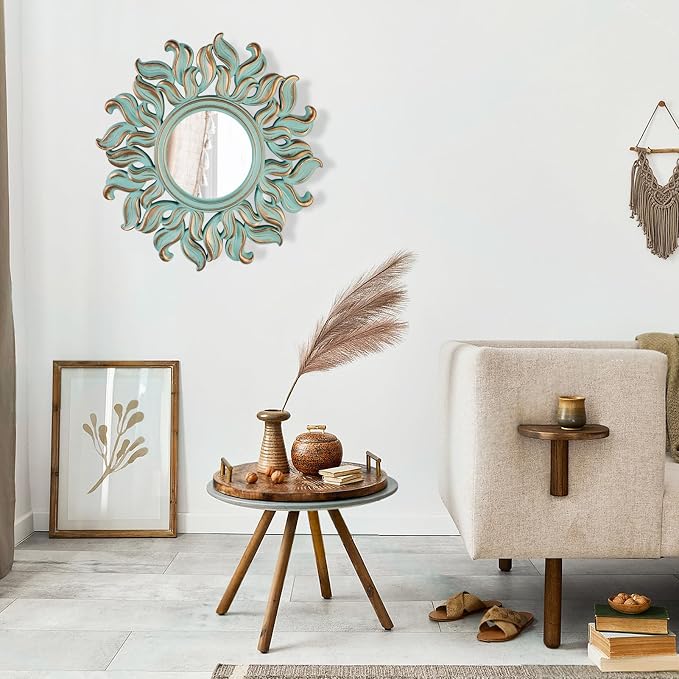 Decorative Wall Mirror, Round Green Mirror, 10 x 10in | Compact plastic-frame circle mirror for bedrooms, entryways, living rooms and modern wall decor.