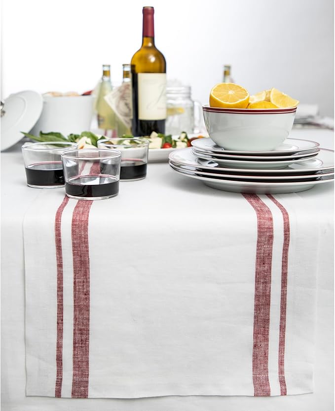 Solino Home 100% Linen Table Runner, 14 x 120 in, Burgundy and White Stripe | French Stripe, a graceful centrepiece for dining and gatherings, European flax fibres, machine washable, OEKO-TEX Certified