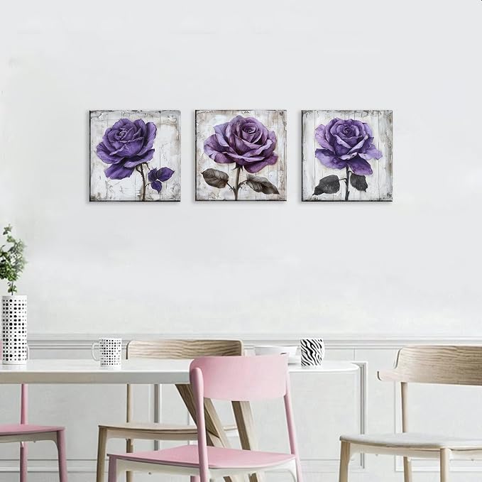 NAN Wind 3Pcs Purple Rose Canvas Prints Wall Art Botanical Floral Art Modern Flower Artwork Ready to Hang Textured Wall Art Print Decorative Wall Hanging for Living Room Bedroom Kitchen