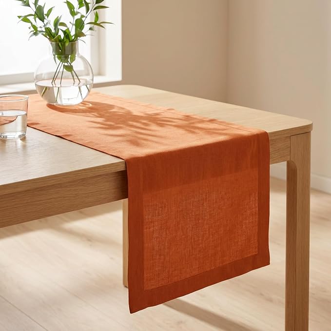 Solino Home 100% Pure Linen Dining Table Runner Orange, Fete 14 x 60 in | dresses up dining tables for everyday meals, European flax fibres, handcrafted by skilled artisans, soft, OEKO-TEX Certified