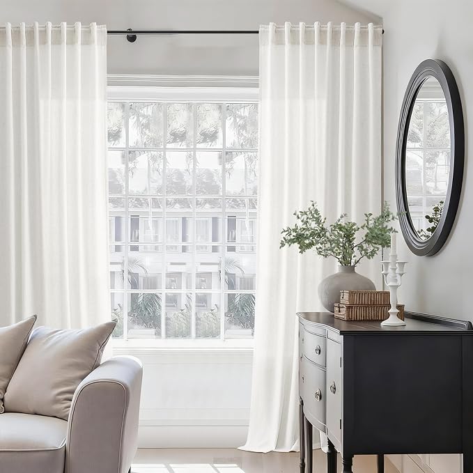 Jowels 60 Inch Extra Wide Natural Linen Curtains 96 Inch Long 1 Panel | Ivory Light Filtering Sheer Curtain,Back Tab Pocket Pleated Look,Modern Farmhouse Textured Privacy Drapes for Living Room