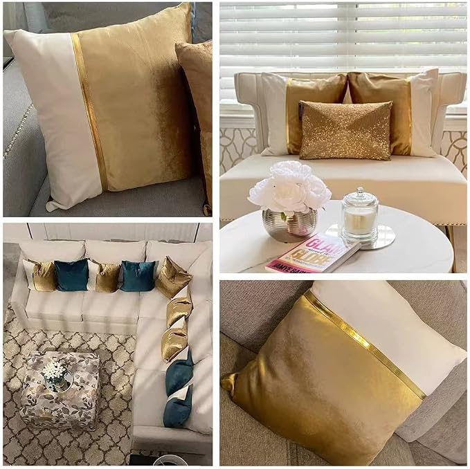 Fancy Homi 2 Packs Gold Decorative Throw Pillow Covers 18x18 Inch for Living Room Couch Bed, Velvet Patchwork with Gold Leather, Luxury Modern Farmhouse Home Decor, Accent Cushion Case 45x45 cm