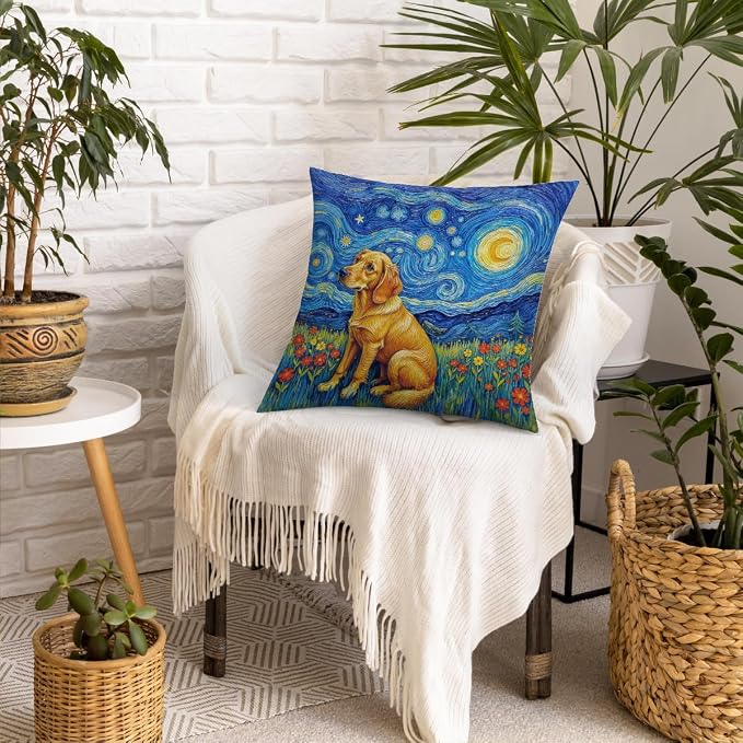 Fokongna Decorative Pillow Covers Vincent Van Gogh's The Starry Night, with a Golden Retriever in a Grassy Field Full of Blooming Flowers for Couch Home Bedroom Living Room 18 x 18 Inch Pillow Covers