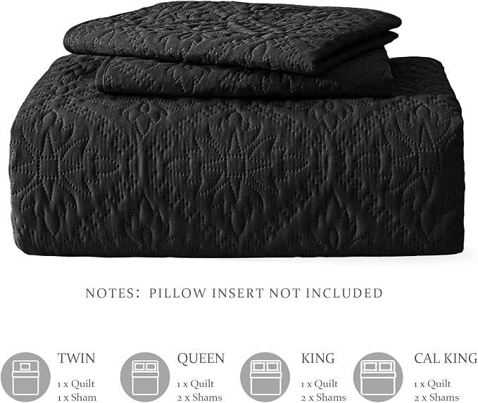 Exclusivo Mezcla Full Queen Quilt Set, Black | Lightweight Soft Bedspreads Coverlets, All Season Bedding with 2 Pillow Shams, Modern Style for Bedroom Guest Room