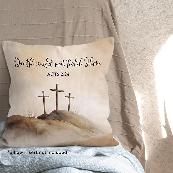Christian Easter Cross Throw Pillow Covers Gifts 18x18, Religious Bible Verse Decor Pillow Cases for Bedroom Living Room, Death Counld Not Hold Him Decorative Pillowcases for Couch Bed Sofa