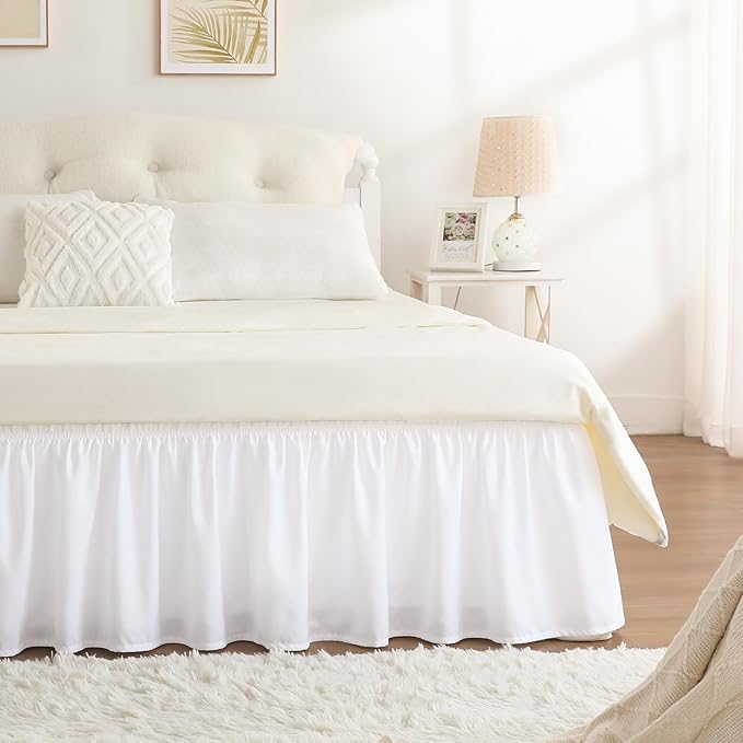 White Bed Skirt Queen Size 21 Inch Drop, Elastic Wrap Around Bedskirt | Solid ruffled, Wrap-around/elastic, Wrinkle & Fade resistant, with Adhesive Strips, Gift Packed, Machine Wash/Tumble Dry/Iron