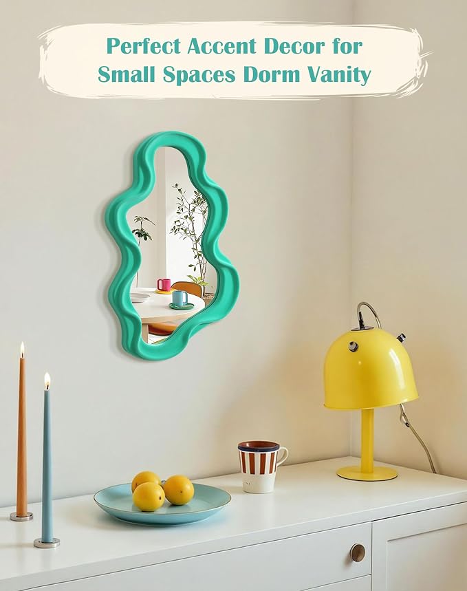 Funky Green Wall Mirror for Gallery Wall,Eclectic Quirky Home Decor | 16x10",Soft Velvet-like Touch,Wall-Mounted Cloud Mirror for Girl Teen Women Bedroom Decoration,Cute Accent for for Hallway