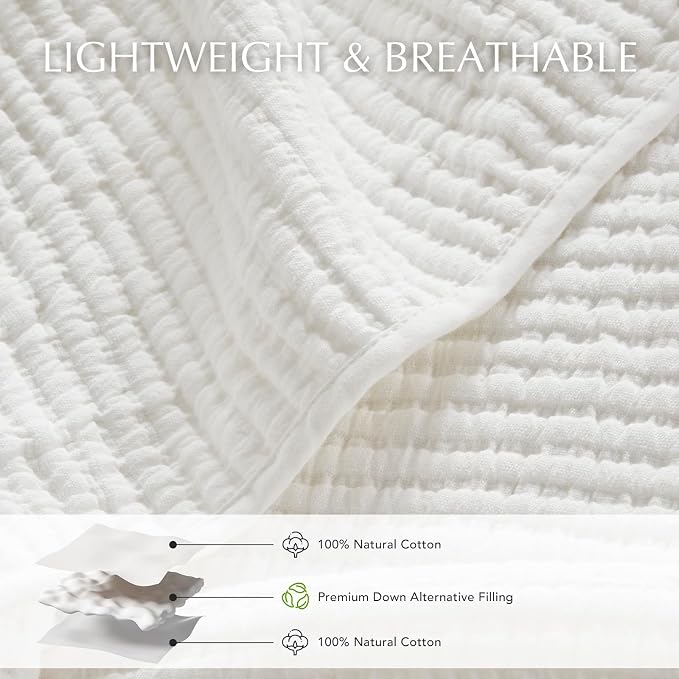 EVERGRACEHOME Cotton Ribbed Matelassé Coverlet Set, King Size, Ivory White | Soft Lightweight Bedspread, 3 Pieces, Breathable Cozy Oversized Quilted Bedding Set for All Seasons, with 2 Pillow Shams