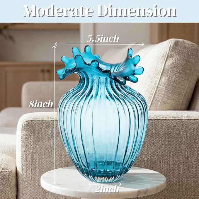 ZAVOOS Hand Blown Glass Vase, Unique Bubble Waves Mouth | Modern Decorative Blue Vase, Elegant Flower Vase for Home Decor, Living Room Centerpieces, Table Bouquet, Wedding Decoration