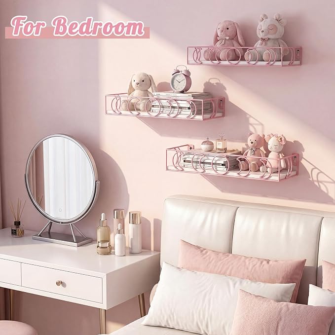 PHAREGE Moon Phase Floating Shelves White Pink, Set of 3