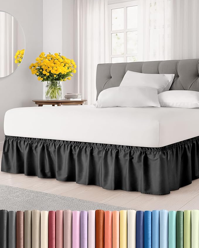 Wrap Around Dust Ruffle Bed Skirt, Full Size Beds - 15 Inch Drop, Black | Easy Fit Elastic Strap, Adjustable Pleated Bedskirt w/Brushed Fabric, Wrinkle & Fade Free, for Women, Men, Kids & Teens