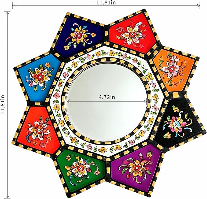 Starburst Decorative Wall Mirror Colorful Boho Moroccan Small Accent Mirror | Multicolor Painted Wood Framed Shatterproof Acrylic Adhesive Mirror Round Ethnic Wall Art Mirror for Entryway Hallway Bedroom