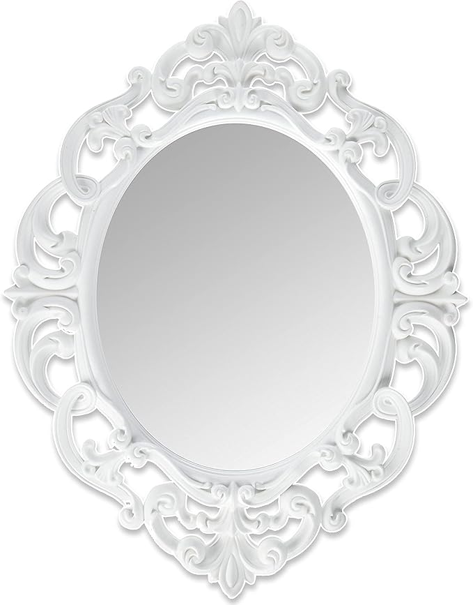 ANDALUS Small White Oval Vintage Mirror with Convenient Sawtooth Hook on Back - Pack of 1, Lightweight Ornate Wall Mirror for Home Decor, 11.5” x 15”