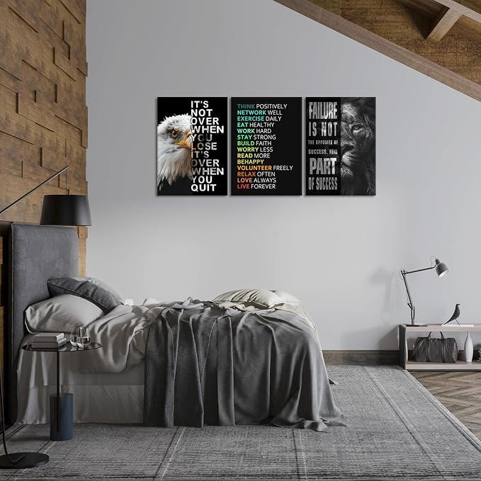 KAWAHONE Motivational Wall Art -Bald Eagle and Lion Inspirational Picture Animal Positive Quotes Wall Poster Framed Motivational Office Decor for Success Ready to Hang