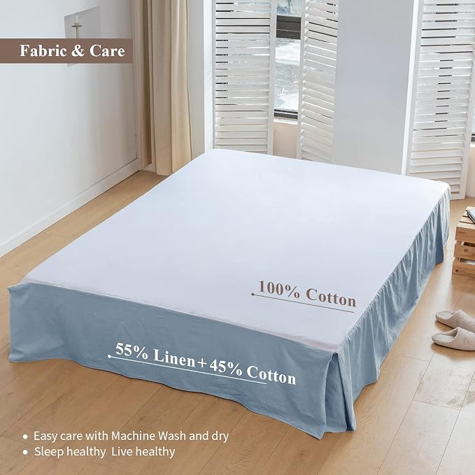 BISELINA French Linen Bed Skirt with Pleated Corner 14-Inch Tailored Drop Natural Flax Cotton Blend Basic Dust Ruffle Soft Cozy Farmhouse Bedding (14" Queen, Basic Dusty Blue)