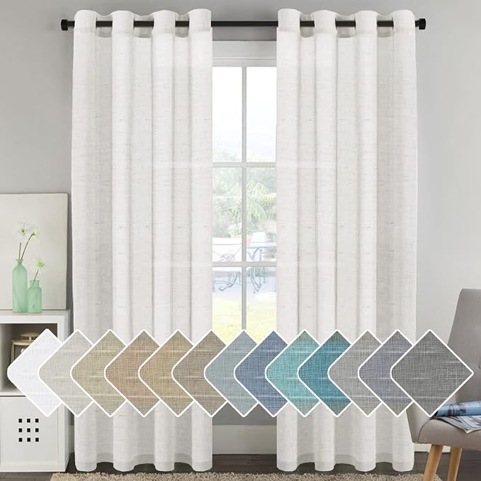 H.VERSAILTEX White Linen Curtains 96 inches Long Natural Linen Blended Semi-Sheer Curtains with Nickel Grommet for Living Room, Privacy Assured (52 by 96 Inch, Set of 2, White)