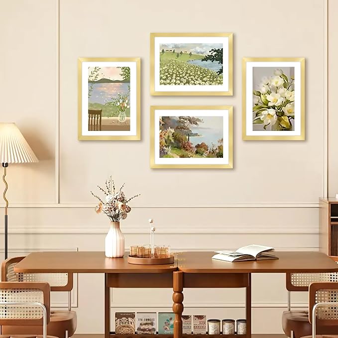 A4 Picture Frame Set of 2, Gold Photo Frame with HD Plexiglass, Display Pictures 6x8 with Mat or 8.3x11.7 Without Mat Multi Picture Frames Collage for Tabletop or Wall Display