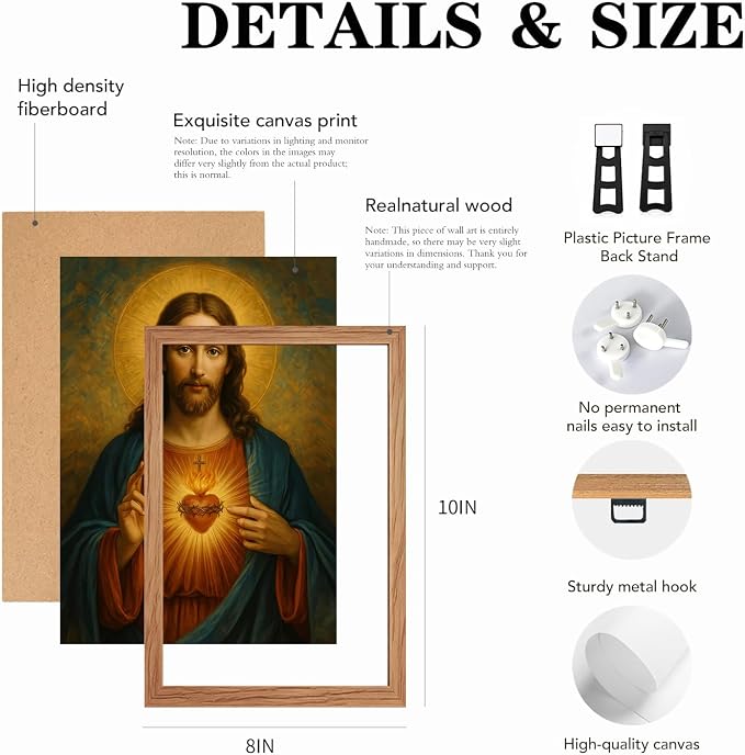 AUUAUU Sacred Heart of Jesus Wall Art Christian Canvas Painting 8x10 Inches | Wooden Framed Religious Spiritual Picture Print Artwork Christmas Wall Decor for Living Room Bedroom Ready to Hang