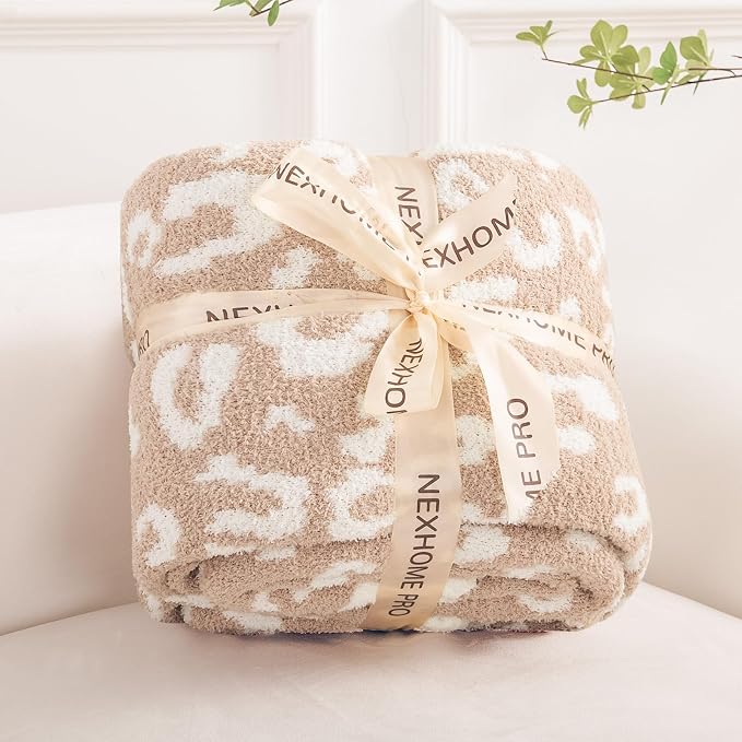 NEXHOME PRO Leopard Soft Blanket Twin Size, Fuzzy Throw Blanket for Couch Bed Sofa Picnic, Knit Blankets for Women Gifts Beige 60 x 80 inches